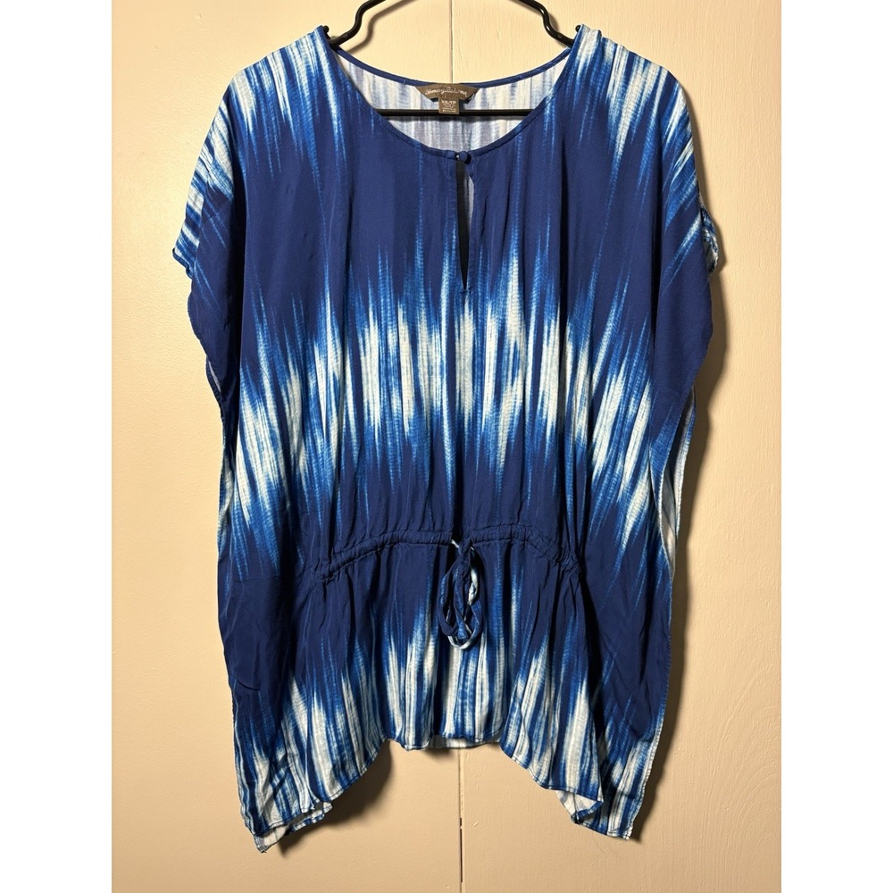 Tommy Bahama XS Blue Petra Ikat Tie Dye Blouse Top Cinch Waist Boho Beach Resort